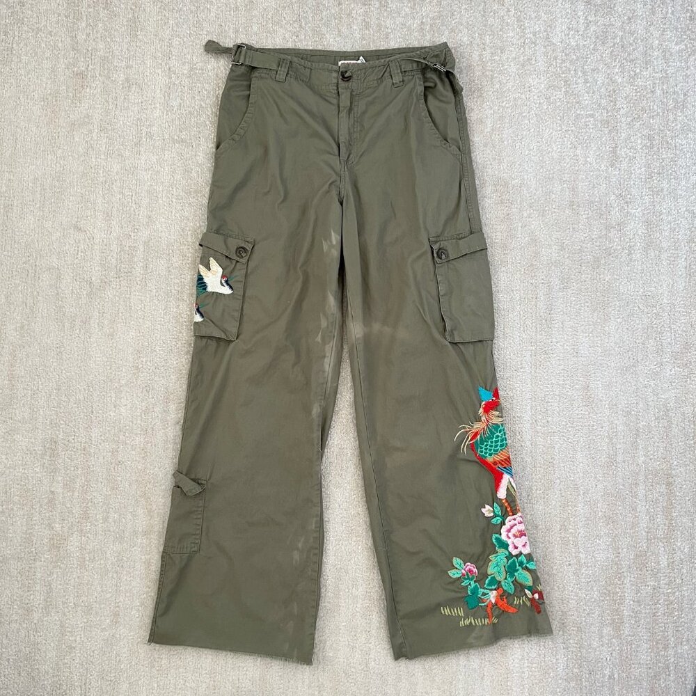 Johnny Was Hinga Wide Leg Floral Embroidered Cargo Green Cotton Pants 4